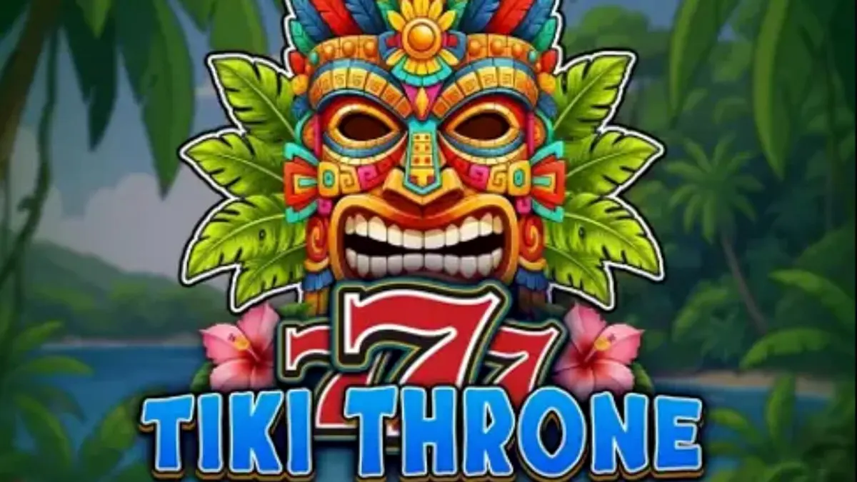 Visual vibrante e tropical do slot 777 – Tiki Throne com máscaras Tiki e símbolos clássicos