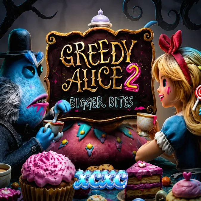 Interface do jogo de slot Greedy Alice 2 Bigger Bites com elementos visuais temáticos